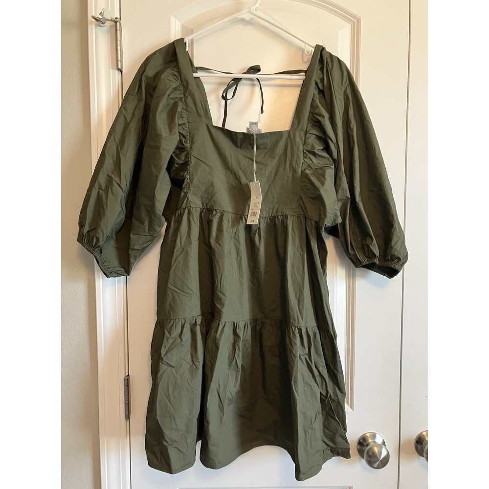 A New Day Puff Sleeve Dress Women Small Olive NWT Tiered A-Line C719